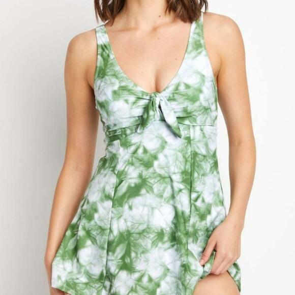 OLIVE Green & White Tie Dye Front Tie Swimdress - SMALL - Picture 1 of 2